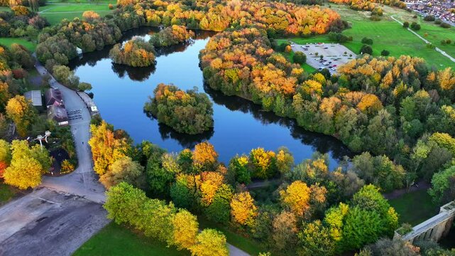 Birds Eye view of Boating lake in Heaton Park, Manchester on autumn. 