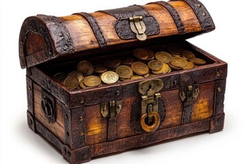 A treasure chest partially open with old coins isolated on white background. 
