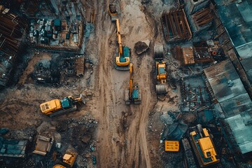 Aerial View of Construction Site with Excavators and Heavy Machinery