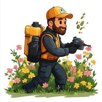 carrying out pest control on a lawn full of grass and flowers