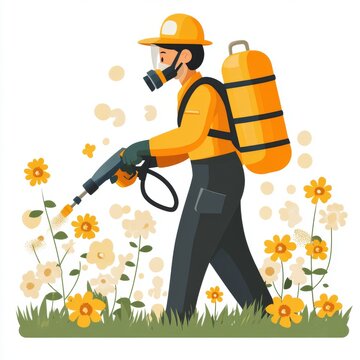 carrying out pest control on a lawn full of grass and flowers