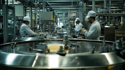 Stainless steel machines blending ingredients in a large food factory with workers monitoring the process