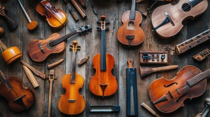Naklejka premium Sustainable instrument crafting tools - Highlighting tools and materials used in the crafting of musical instruments with a focus on sustainability, 
