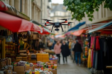 Naklejka premium A drone flies over a bustling market street. Colorful stalls display various goods. People stroll by in this lively urban setting. It captures modern technology in daily life. Generative AI
