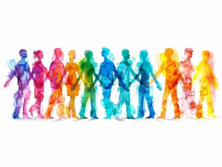 Obraz premium Watercolor Silhouettes of People Holding Hands in a Line