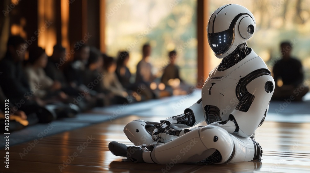 Aufkleber a robot is sitting on the floor in front of a crowd of people