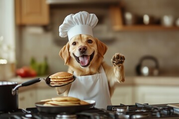 Joyful Dog in Chef’s Hat Making Pancakes
