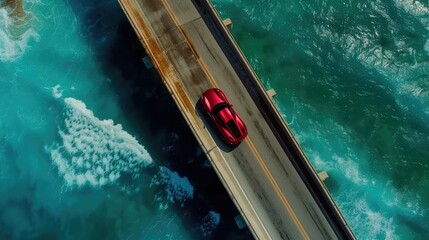 Dynamic Bird's Eye Shot of a Sport Car on an Ocean Bridge