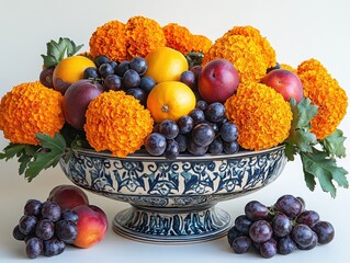 A Day of the Dead altar offering of fruits and marigolds isolated on white background. 