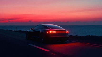 Stylish Modern Car Navigating Coastal Road with Stunning Sea Horizon