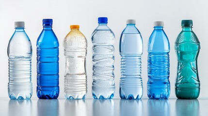 Naklejka premium Seven plastic water bottles in a row on a white background, showing different sizes and colors.