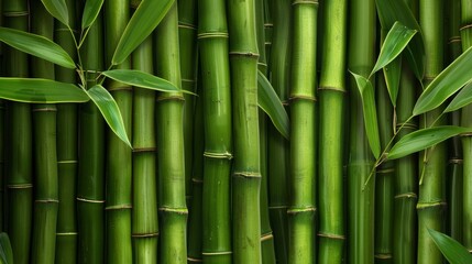 Fototapeta premium Dense bamboo forest with lush green stems and leaves growing in a natural environment during daytime