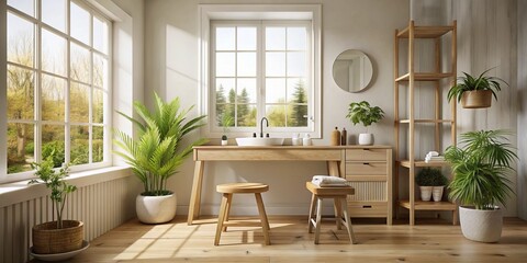 A tranquil bathroom featuring a wooden counter, bathed in natural light, creates a soothing atmosphere perfect for relaxation and rejuvenation in your daily routine.
