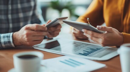 Two colleagues discussing financial trends while reviewing reports on a tablet, with a modern office environment and coffee cups on the table