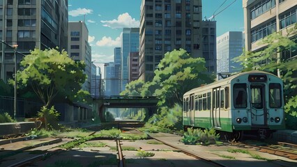 Naklejka premium ゲーム背景 青空の下滅びた年に電車がとめられた田舎都市風景