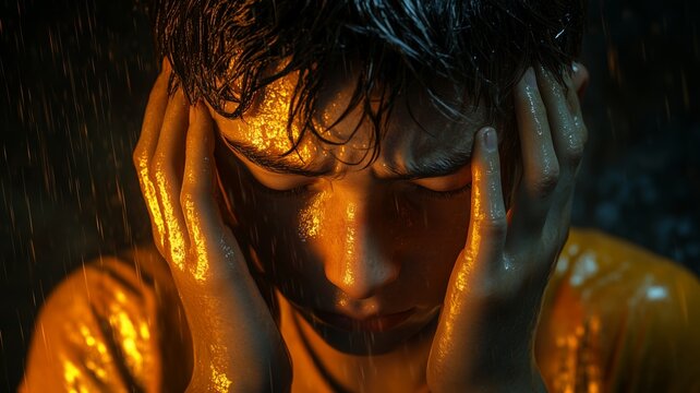 Emotional Tension: Young Boy in Rain with Hands on His Face - Made with Generative AI
