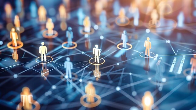 Organizational Network Visualization with Glowing Nodes, Corporate Header. Generative AI 　発光ノードの組織ネットワーク可視化。企業ヘッダー向け。