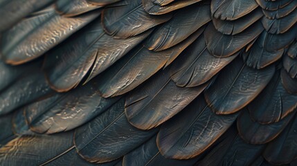 Fototapeta premium Close-up view of detailed feathers showcasing texture and color variation on bird's wing in natural light