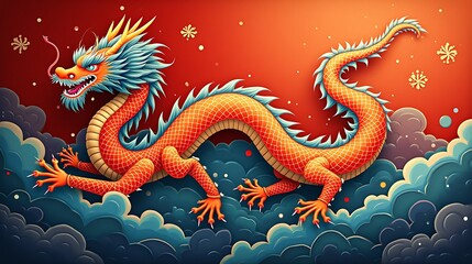 Fototapeta premium Colorful Chinese dragon illustration on a vibrant background with clouds and decorative elements 