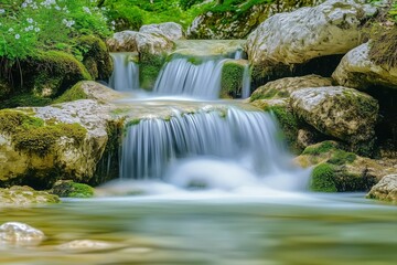 Flowing Mountain Stream with Small Flowers and Moss