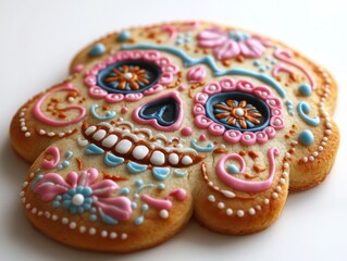 A calavera sugar cookie decorated with icing isolated on white background. 