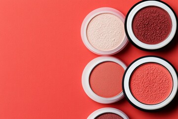 Fototapeta premium Close-up of three makeup blushes in different shades of pink and coral on a vibrant red background.