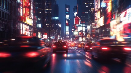 Obraz premium A busy urban street at night with blurred car lights and skyscrapers.
