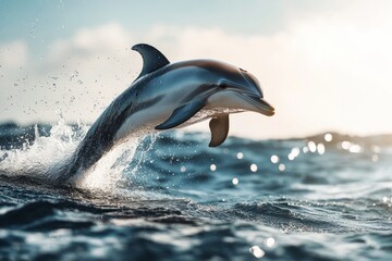 Obraz premium A dolphin leaps gracefully above the ocean waves in this stunning image. The bright colors and dynamic movement capture the joy of nature. Generative AI