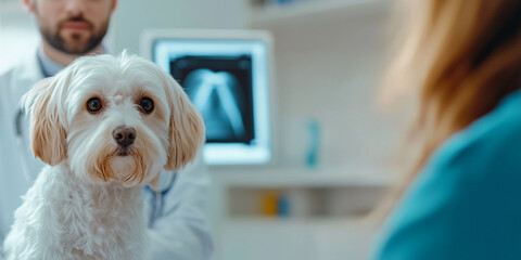 veterinarian is discussing pets x ray results with concerned pet owner, while small dog looks on attentively. atmosphere conveys care and professionalism