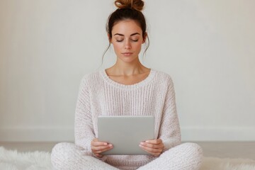 Woman meditating with a tablet in a cozy, minimalist setting, practicing mindfulness.