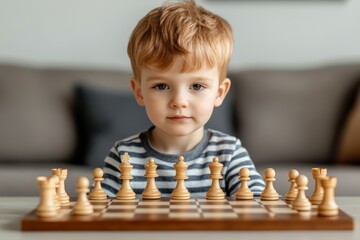Cute toddler playing chess, sitting at the table, looking curiously at the camera.