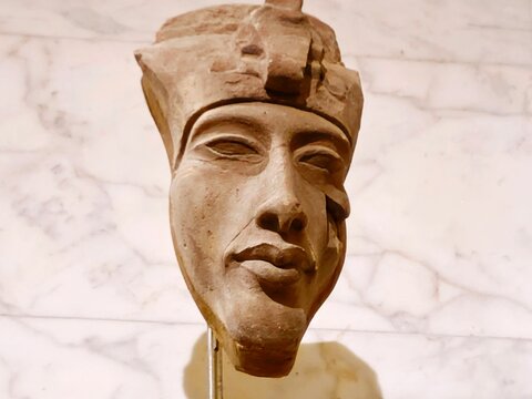 Cairo, Egypt, October 6 2024: Akhenaten, Akhenaton or Echnaton an ancient Egyptian pharaoh son of Amenhotep III and Tiye, The National Museum of Egyptian Civilization (NMEC), located in Old Cairo
