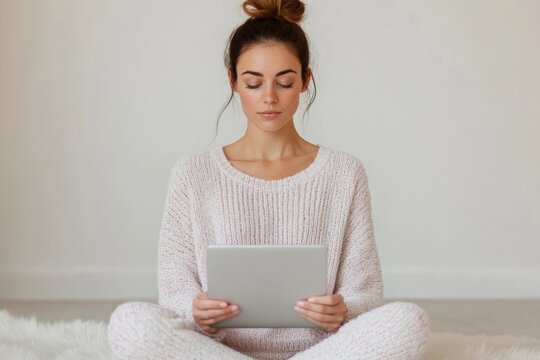 Fototapeta Woman meditating with a tablet in a cozy, minimalist setting, practicing mindfulness.
