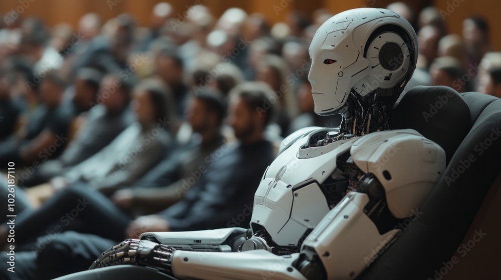 Poster a robot is sitting in a chair in front of a crowd of people