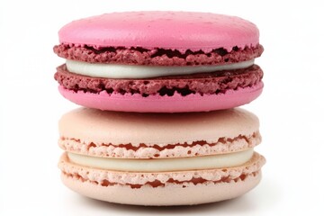 Close-up of two colorful macarons stacked on top of each other.