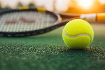 Close-up of a tennis ball and racket on a court at sunset.