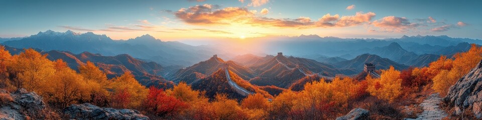 Fototapeta premium Breathtaking sunrise over the Great Wall surrounded by vibrant autumn foliage and distant mountains.