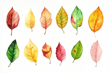 Colorful Watercolor Autumn Leaves on White Background