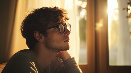 Young man with glasses sitting in a serene home environment gazing out the window deep in thought while the afternoon sunlight gently illuminates the room
