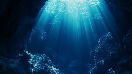 Mysterious deep sea with dark blue hues and light