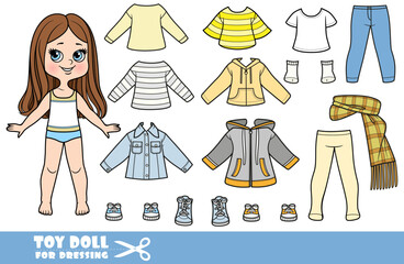 Cartoon girl with straight hair and denim jeans, sweatshirts, long sleeves, jackets, scarf and boots for cold weather