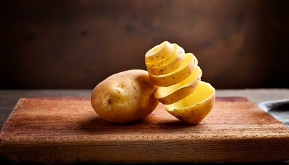 a pair of fresh raw potatoes with a cut spiral upward peel close up on a board on an old wooden background side view artistic rustic minimalist food concept with copy space for creative layout
