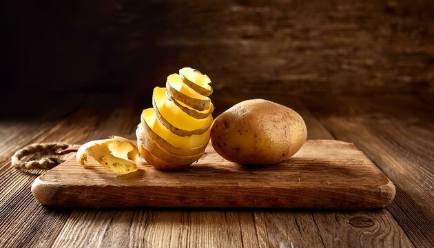 a pair of fresh raw potatoes with a cut spiral upward peel close up on a board on an old wooden background side view artistic rustic minimalist food concept with copy space for creative layout