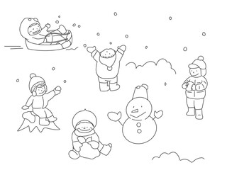 雪遊びをする子どものイラスト　モノクロ