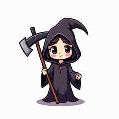 cute cartoon grim reaper isoalted on white background. Halloween character illsutration in chibi style chidlish art