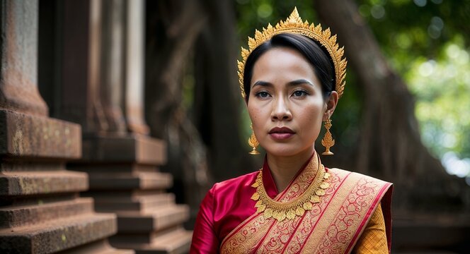 Cambodian lady in silk sampot calm expression portrait photo cultural landscape