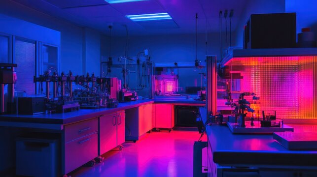 A futuristic lab using nano computational modeling to design nanoscale structures for advanced applications.