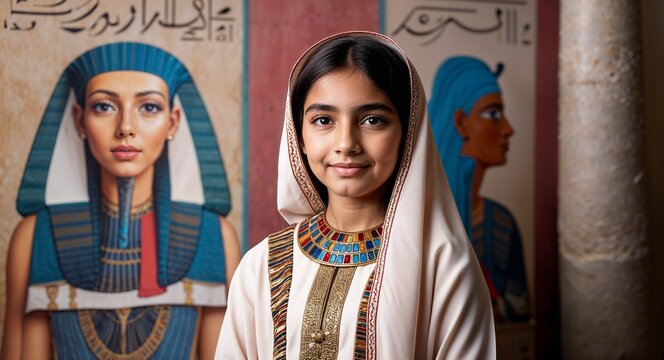 Egyptian girl in galabeya relaxed expression portrait photo historical backdrop
