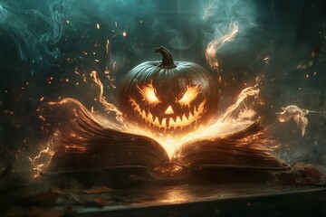 Eerie Pumpkin-Head and Enchanted Book on Halloween