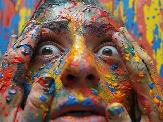 Close-up of a Person's Face Covered in Colorful Paint